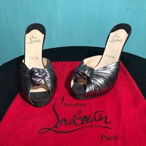 CHRISTIAN LOUBOUTIN PEWTER LEATHER PEEP TOE MULES